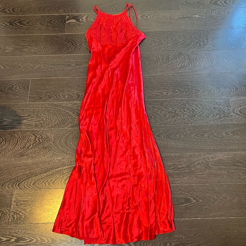 Red Silky Satin Long Evening Dress Black Tie Gown With Embroidery